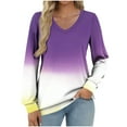 thumbnail image 3 of Feancey V Neck Tops for Women Trendy Gradient Print Long Sleeve T-Shirts Dressy Casual Business Work Blouse Comfy Loose Cute Tees Purple L, 3 of 6