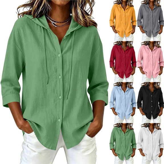 Axiiglly 3/4 Sleeve Tops for Women Cotton Linen Button Down Sun Protection Shirts Lightweight Breathable Summer Casual Hiking Shirt, S-2XL