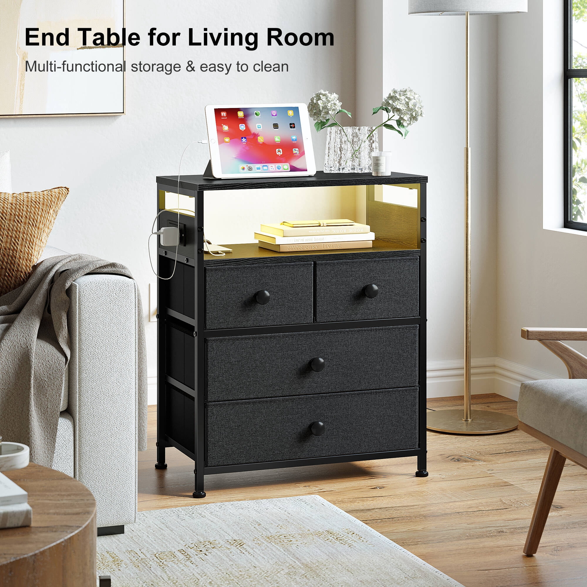 GUNAITO Led Nightstand Set of 2 with 4 Drawers Bedside Table with Charging Station Wide End Table with Storage Shelf for Living Room,Gray