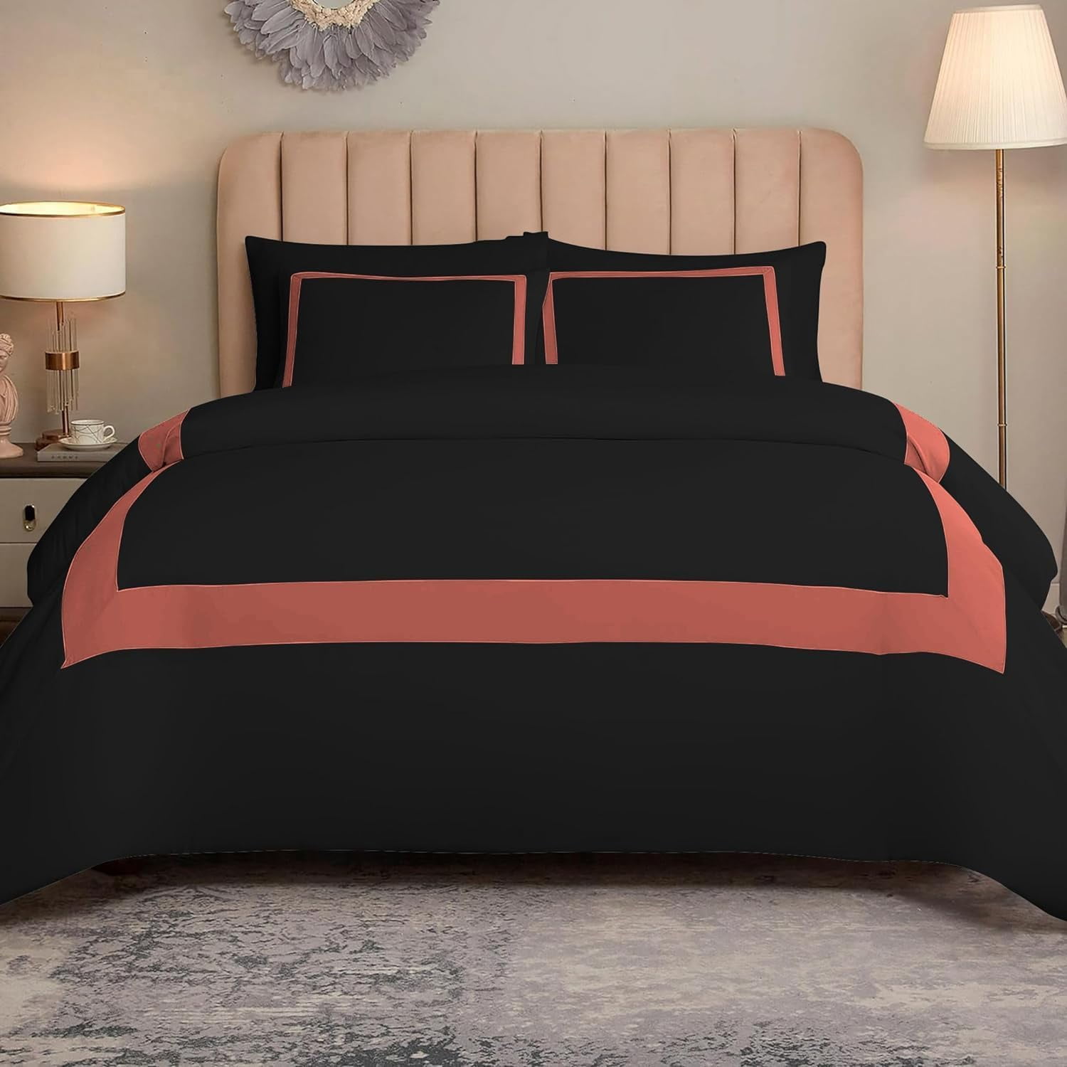 DNG Creations 1 Piece Full Black And Brick Red Border Line Pattern Duvet Cover - 100% Egyptian Cotton, 800 Thread Count ( California King )