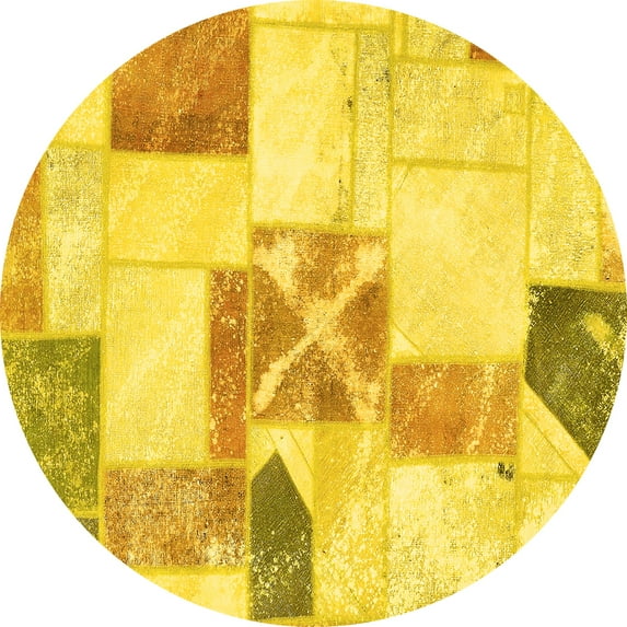 Ahgly Company Indoor Round Patchwork Yellow Transitional Area Rugs, 3' Round