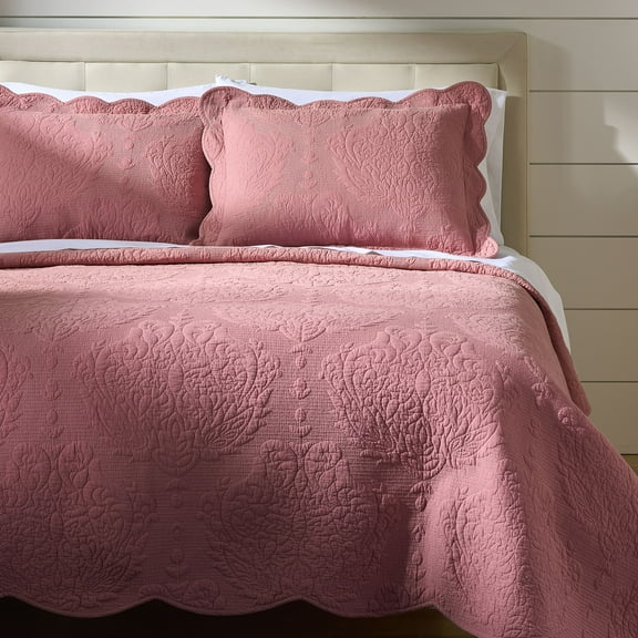 Better Homes & Gardens Pink Rose Paisley Medallion Cotton Embroidered Quilt, King