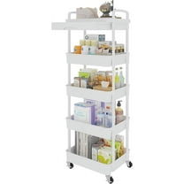 5-Tier Rolling Utility Cart with Drawer,Multifunctional Storage Organizer with Plastic Shelf & Metal Wheels,Storage Cart for Kitchen,Bathroom,Living Room,Office,White