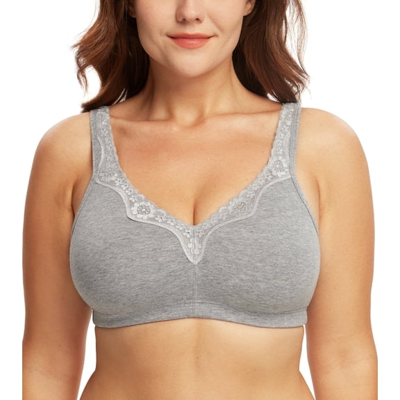 Exerin Plus Size Bras Women's Comfort Cotton Non-Padded Wirefree Lace Floral Everyday Bra(36D,Grey)