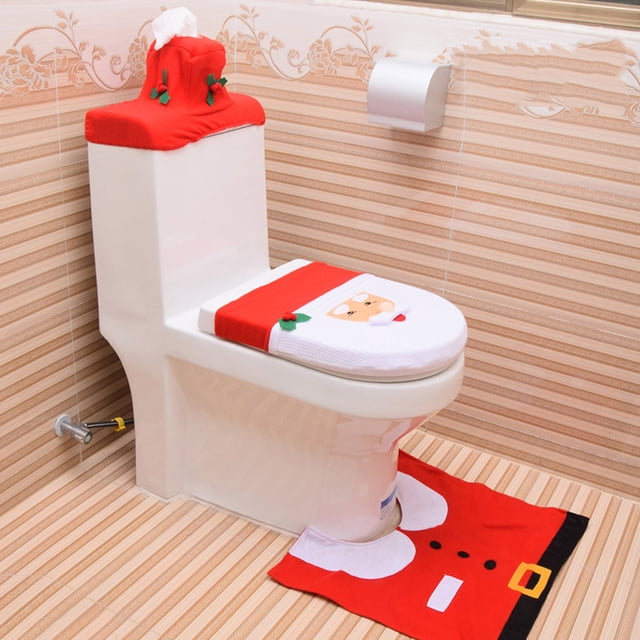 Xihbxyly Juego de Fundas de Inodoro Navideñas, Fundas para Tanque y Asiento de Papá Noel, Diseño de Gorro Navideño con Forma de Caja de Pañuelos, Decoración Acogedora para El Baño, Idea de Regalo Fes