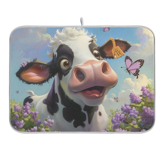 Cute Cow with Butterfly Dish Drying Mat 16x18 Absorbent Microfiber Draining Rack Pad for Kitchen Counter Sink