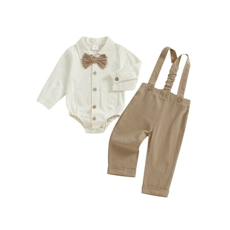 

Suealasg Baby Boys Spring Fall Outfit Sets Long Sleeve Lapel Button Up Romper Solid Color Suspender Pants Sets 3 6 9 12 18 Months Infant Boys 2Pcs Clothes