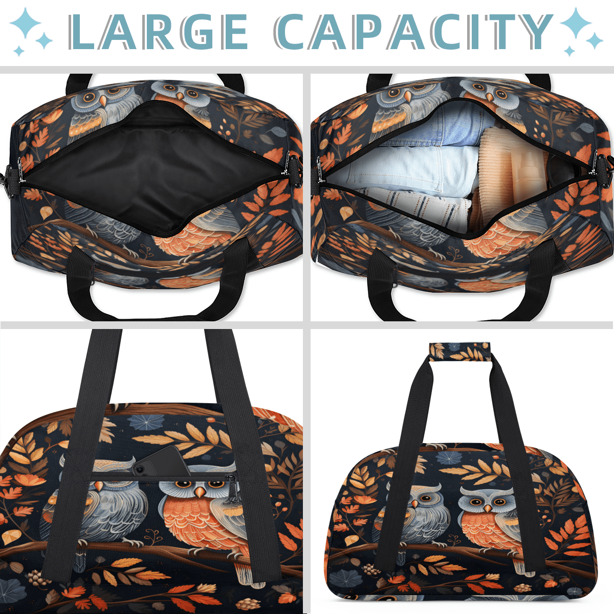 Herdesigns Cartoon Owl Sports Duffle Bag for Women & Men, Cute Owls Gym Bag Dance Bag Overnight Bag Carry On Weekender Travel Bag