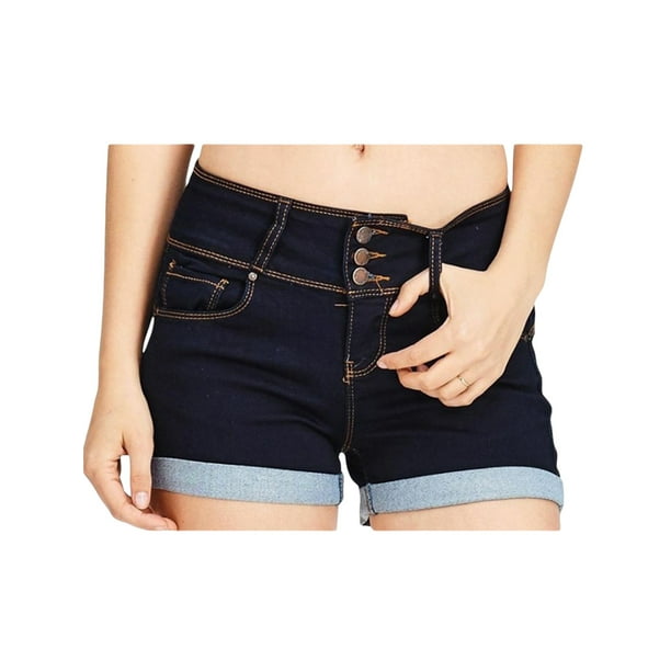 VISgogo Pantalones cortos de mezclilla de verano para mujer, pantalones cortos de mezclilla enrollables de cintura media de color sólido con bolsillos para niñas, S / M / L / XL / XXL / XXXL VISgogo moda