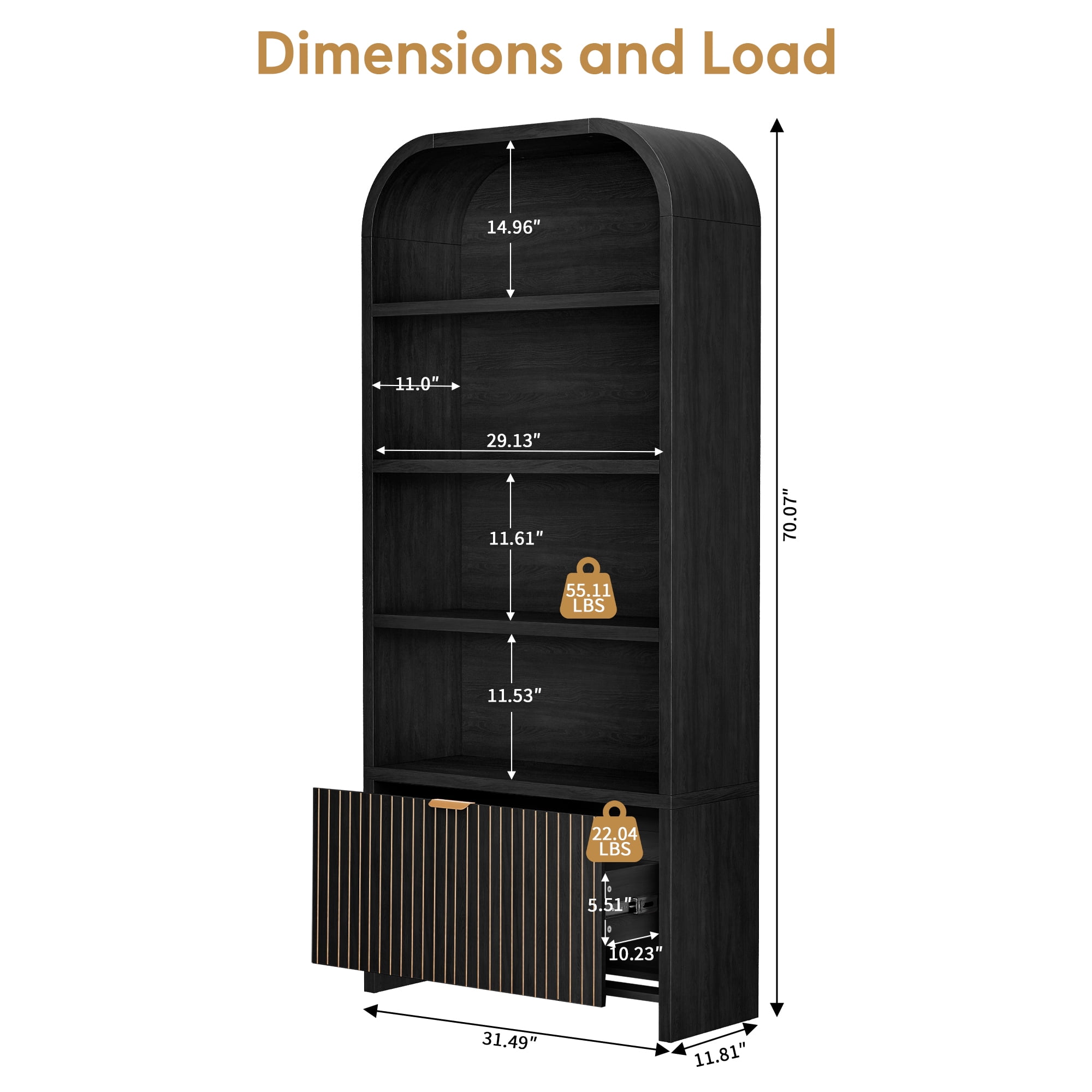 YOCWO 70" Tall Arched Bookcases with 1 Large Drawers & 4 Shelves, Wooden Bookshelf with Carved Line and Curved Top for Living Room Office, Black