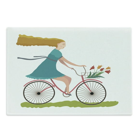 Bicycle Cutting Board, Young Woman on Bike with Basket of Tulip Flowers Riding in the Spring Countryside, Decorative Tempered Glass Cutting and Serving Board, Large Size, Multicolor, by Ambesonne