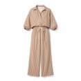 thumbnail image 6 of Floleo Women Vertical Striped Two Piece Co Ord Outfits, Turn Down Collar Button Front 3/4 Sleeve Shirt Drawstring Elastic Waist Wide Leg Full Length Pants Casual Matching Suit (Khaki,3XL), 6 of 9