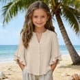 thumbnail image 7 of CQONEPT Linen Button Down Shirt for Girl 3/4 Length Ruffle Sleeve Tops Casual V Neck Cute Shirts Summer Vacation Blouses Beige 3 Years, 7 of 7
