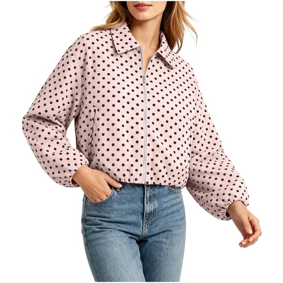 QSAWXQZ Women's Lightweight Bomber Jacket Polka Dot Lapel Zip up Long Sleeve Cropped Casual Outerwear for Fall XL
