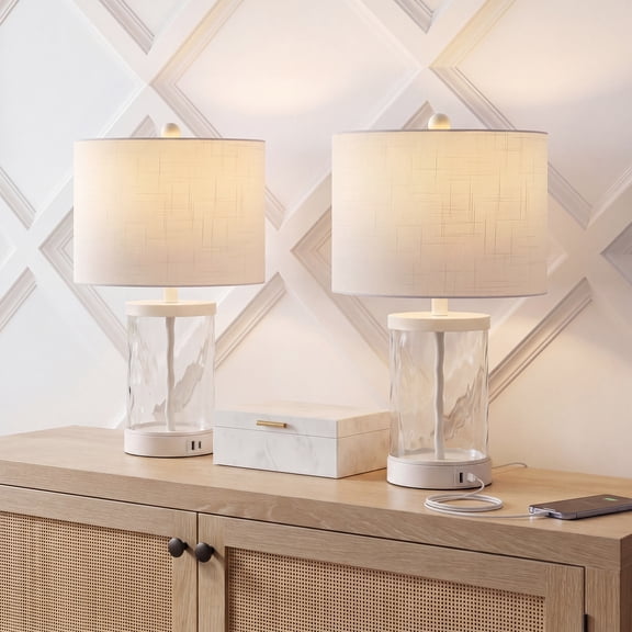 Alexander 21" Modern Designer Metal/Water Glass LED Table Lamp with USB A C Charging Ports, White/Clear (Set of 2)