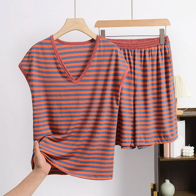 Pisexur Pyjamas pour Femmes Ensemble, Pyjamas pour Femmes, Confortables et Respirants Décontractés à Rayures Col Rond Manches Courtes Shorts Ensemble de Pyjamas Rouge, 5TG