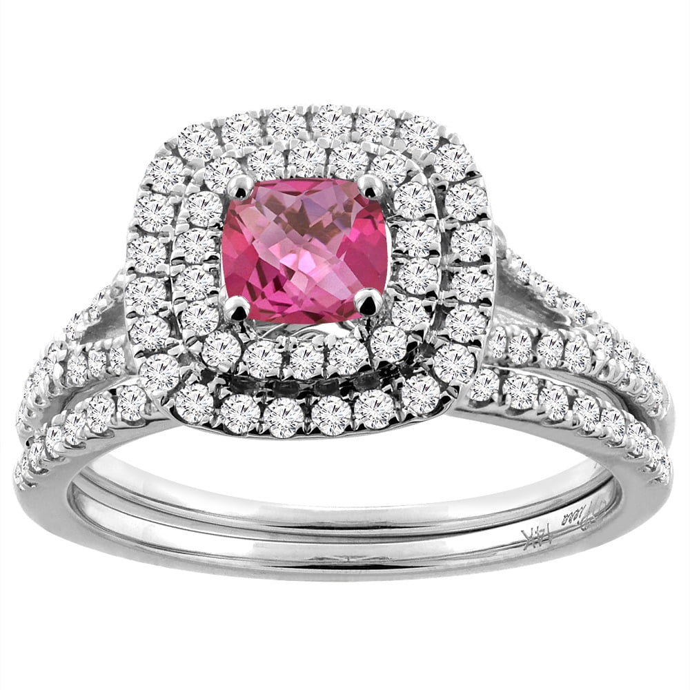14K White Gold Diamond Halo Natural Pink Topaz 2pc Engagement Ring Set Cushion 6x6 mm, size 5 by Gabriella Gold