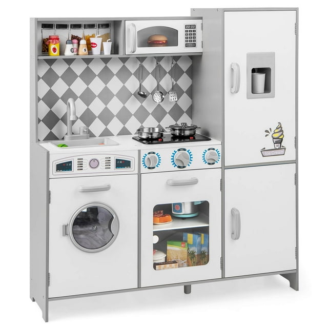 Costway Cuisine de Jeu pour Enfants avec Lumières et Sons Réalistes, Machine à Glaçons, Cuisinières, Évier, Four