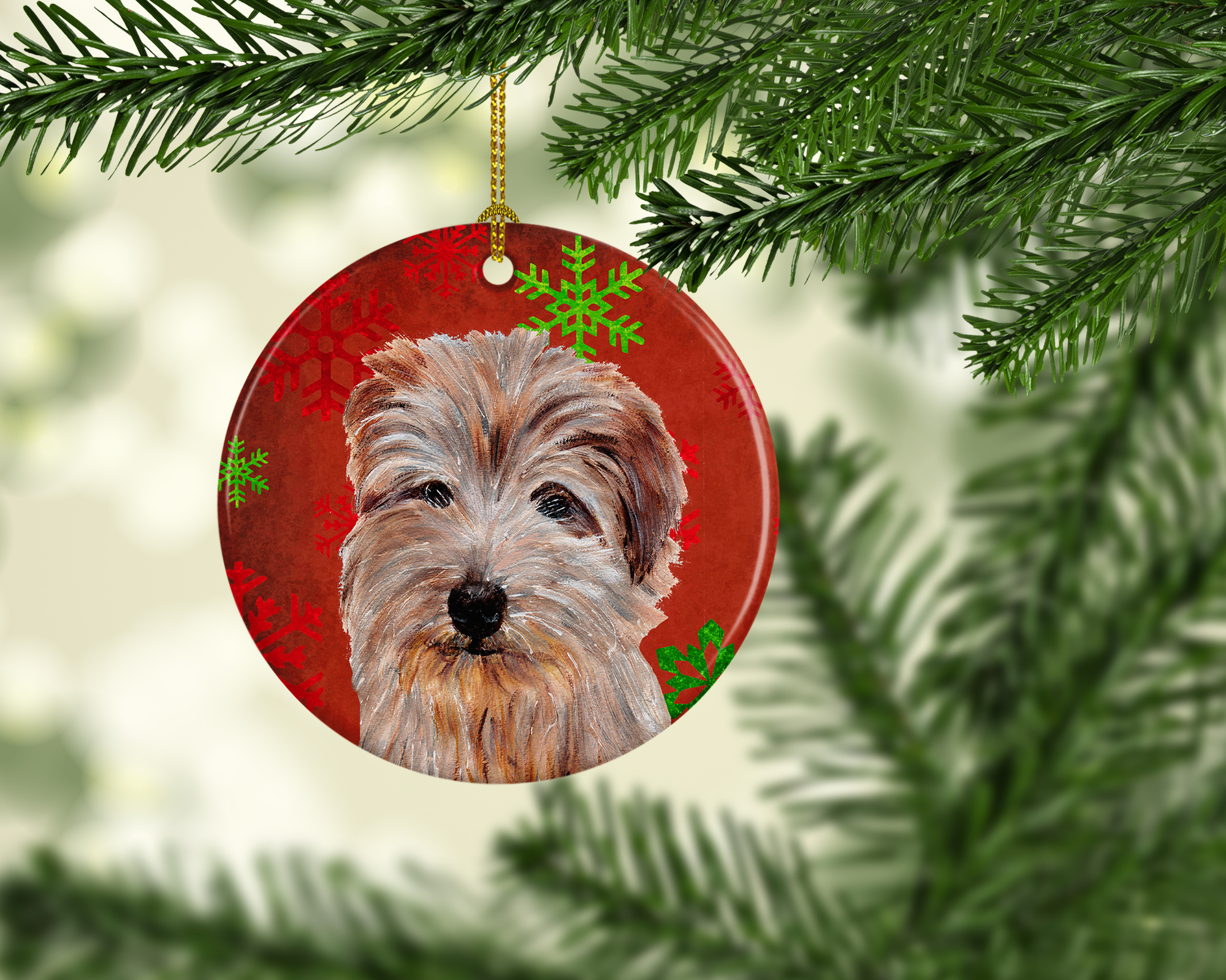 Norfolk Terrier Red Snowflakes Holiday Ceramic Ornament