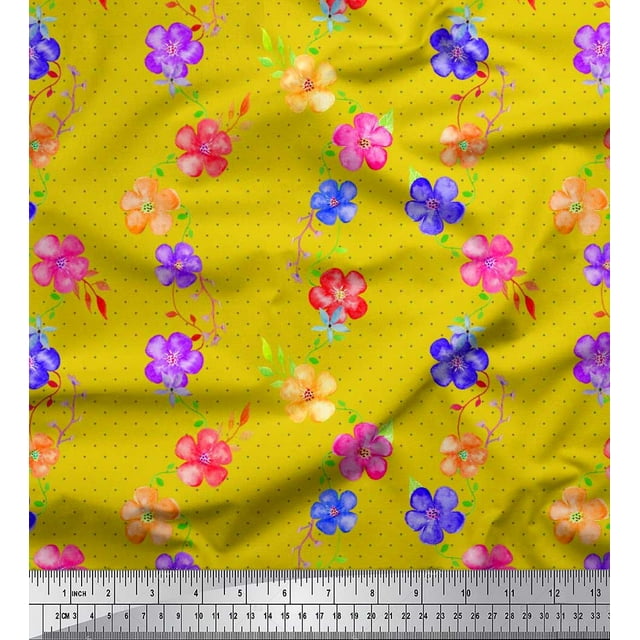 Soimoi Poly Georgette Fabric Dot,Leaves & Periwinkle Floral Print Sewing Fabric Yard 52 Inch Wide