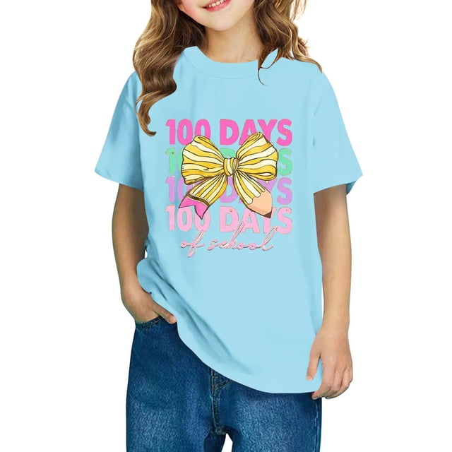Xihbxyly Camiseta para Niño, Linda Camiseta con Mangas Abullonadas, Estampado "100 Días de Colegio", Tela Suave y Transpirable, Estilo Informal de Verano, Ideal para Ir de Fiesta o de Viaje, Elegante