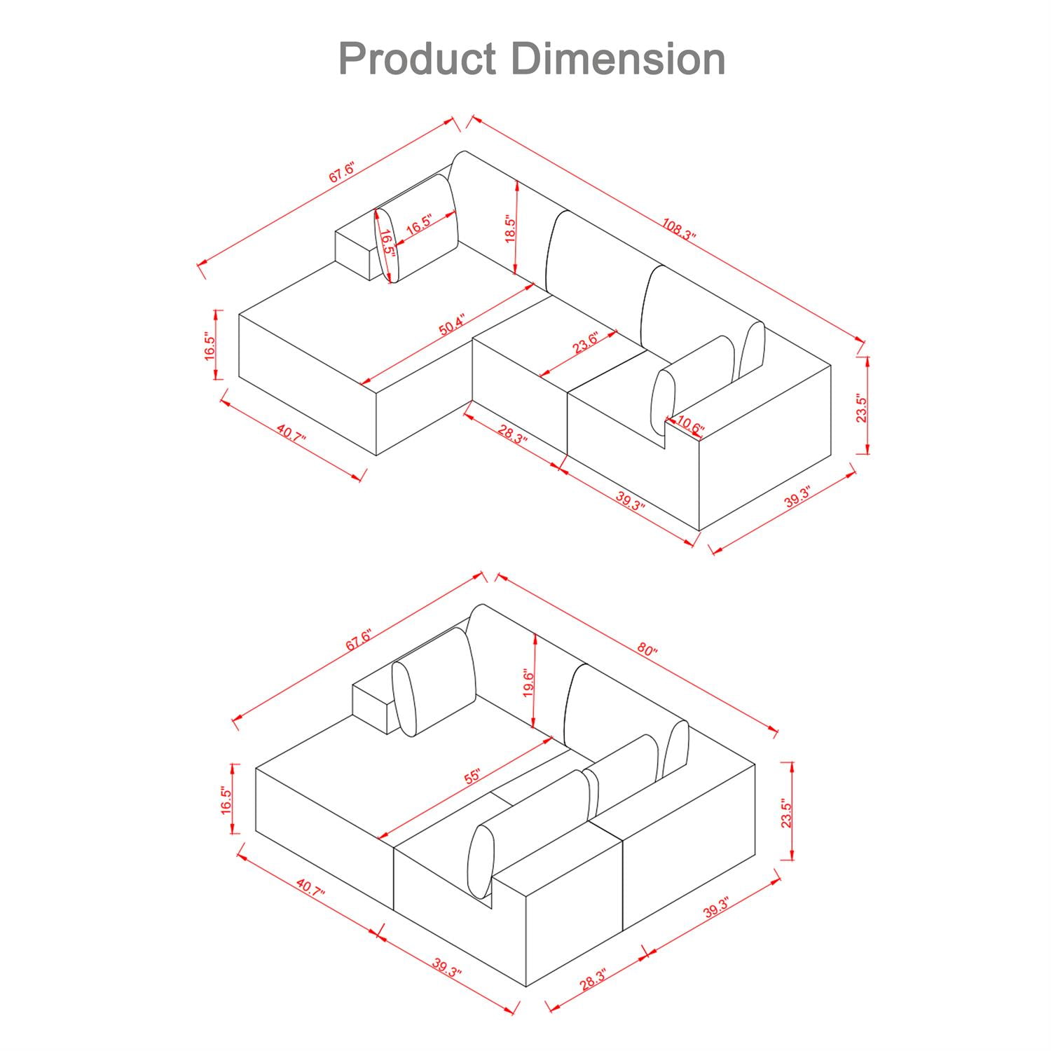 Demi Bonn 108" L-Shaped Modular Foam Sofa with Chaise Lounge, Cloud-Like Comfort Couch, Corduroy Sectional for Living Room, Black