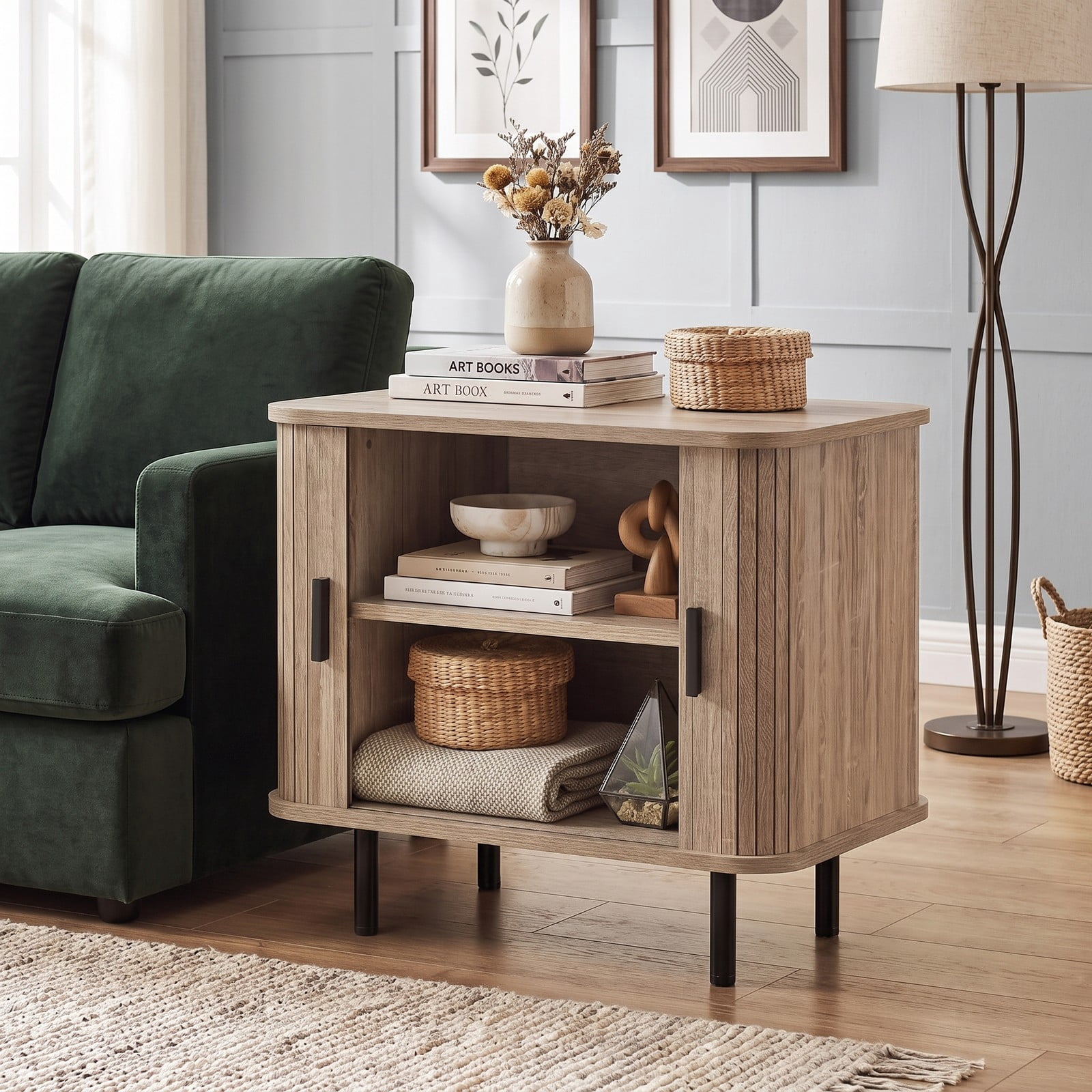 Furnibear End Table Modern Mid Century Nightstand with Sliding Tambour Doors and Storage Shelf for Bedroom Living Room, Natural
