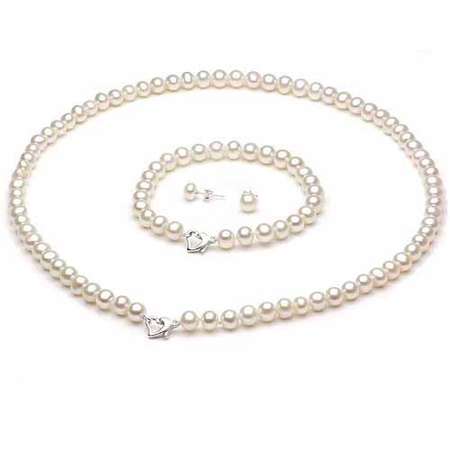 7-8mm White Freshwater Pearl Heart-Shape Sterling Silver Necklace (18"), Bracelet (7") Set with Bonus Pearl... by Jacqueline's Collection