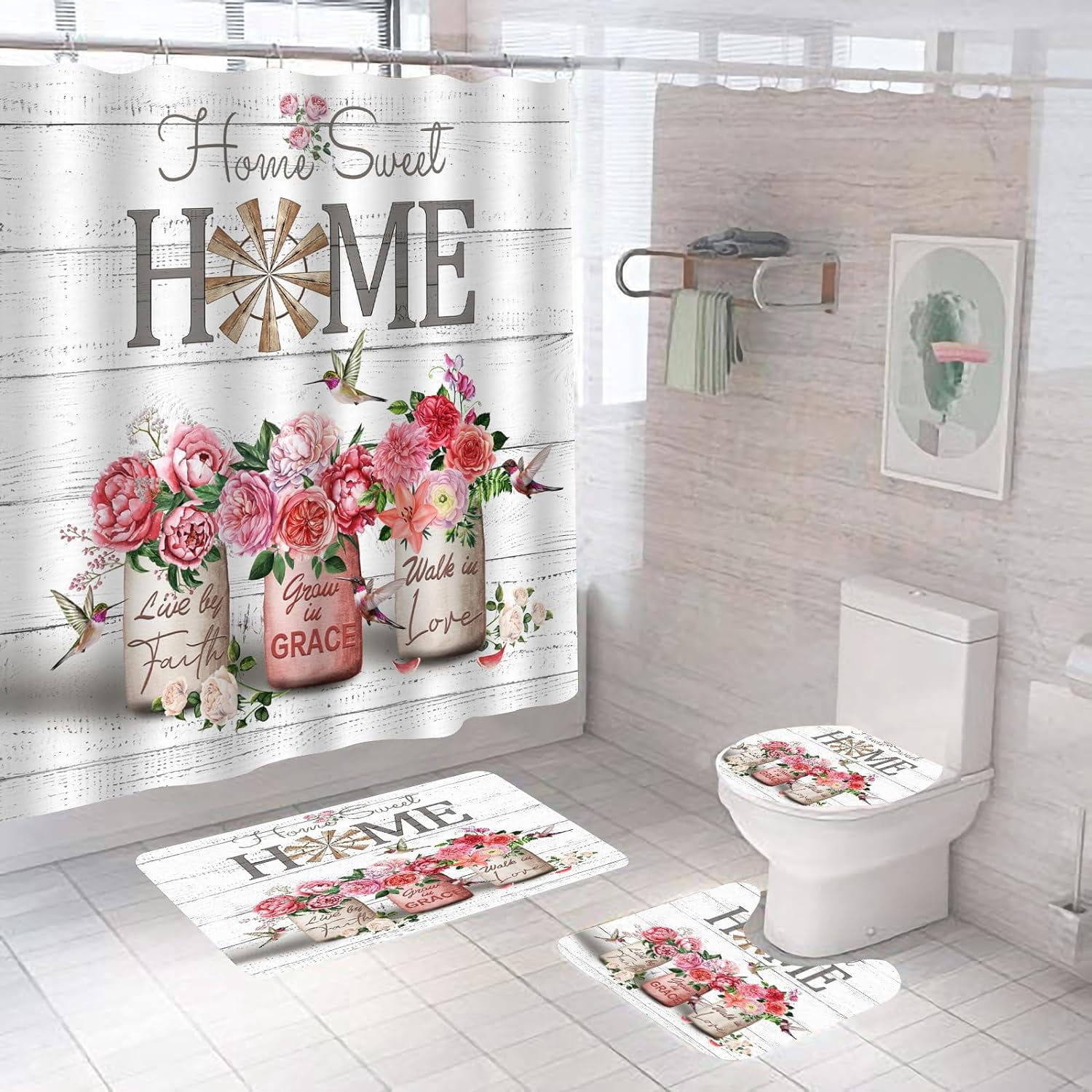 4 PCS Red Rose Peony Shower Curtain Sets Home Sweet Bathroom Set with Shower Curtain and Rugs and Accessories Farmhouse Country Shower Curtain Bathroom Decor with 12 Hooks 72 X 72 Inch