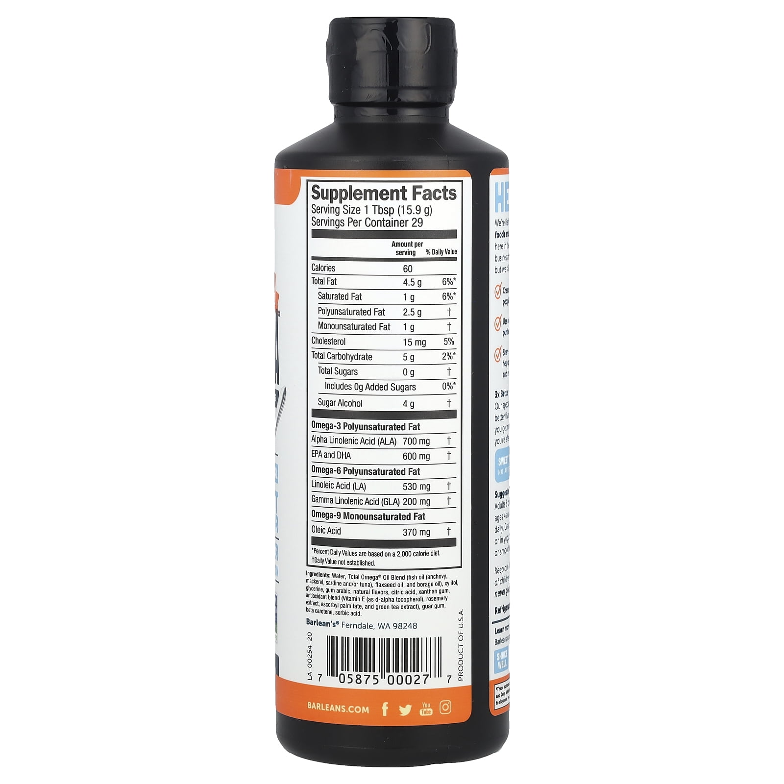 Barlean's Total Omega®, Omega 3-6-9, Orange Creme, 2,400 mg, 16 oz (454 g)