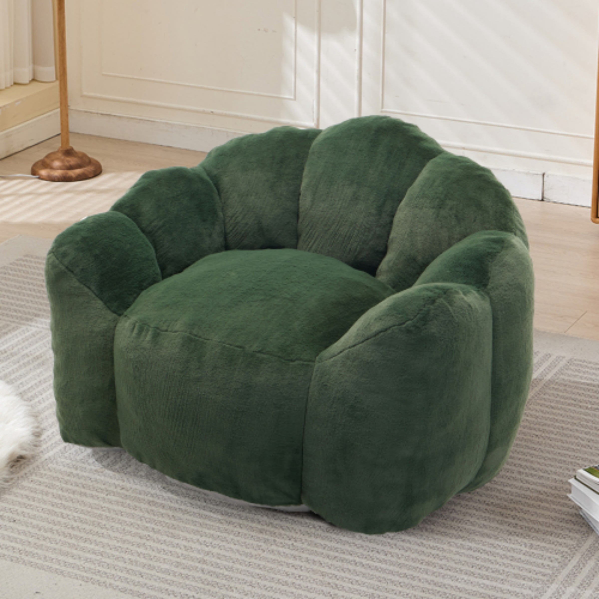 Lotus Bean Bag Sofa Chair for Adults, Memory Foam Lounge Chair with Pull Ring, Lazy Floor Sofa for Living Room Bedroom, Green