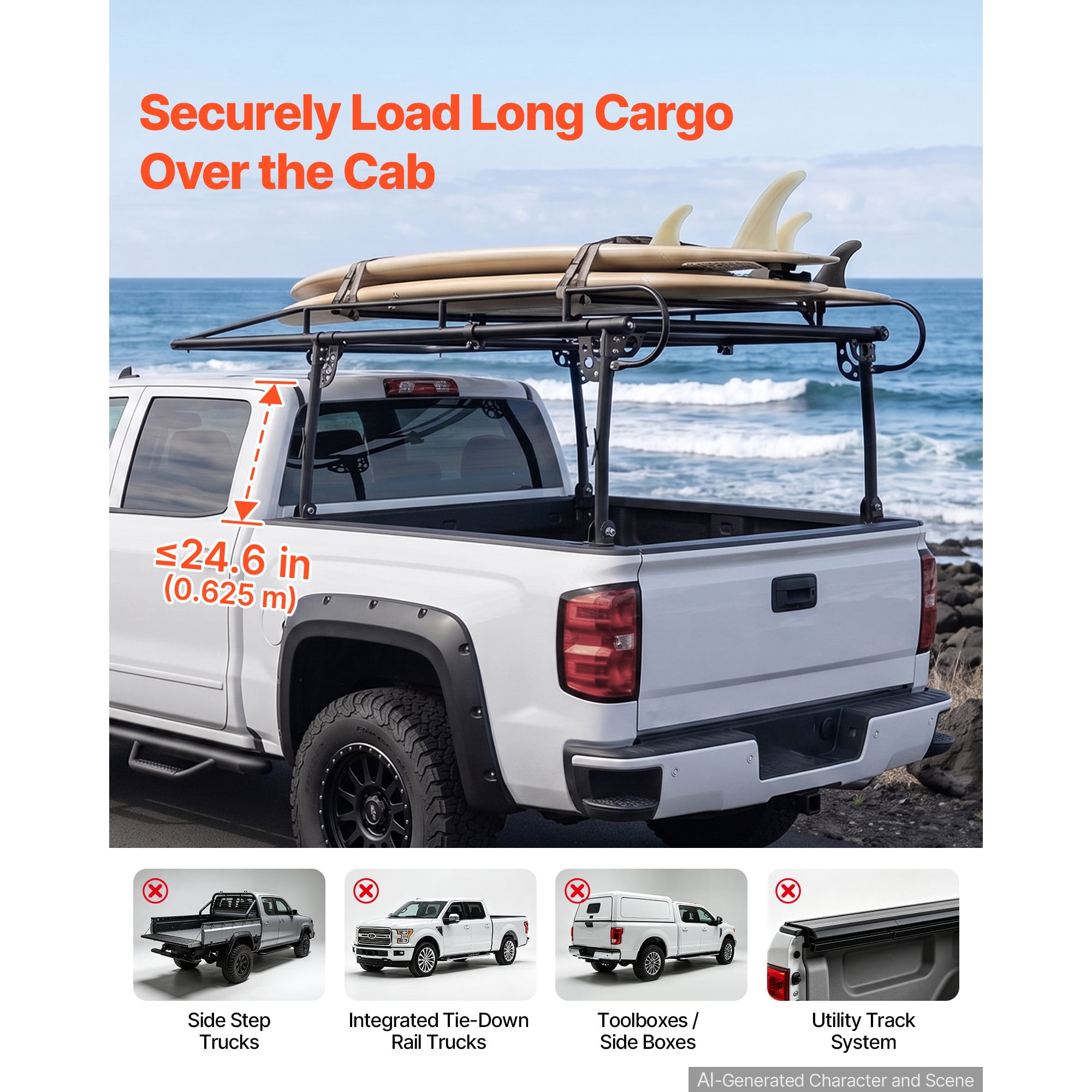 KFFKFF Universal Truck Ladder Rack with 800 lbs Load Capacity, Adjustable Width for Kayaks, Surfboards, and Lumber,Compatible with Short and Long-Bed Trucks,Non-Drilling/Drilling Installation Options