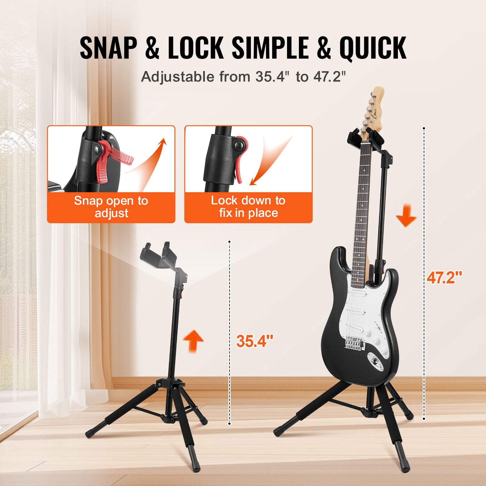 Floor-Standing Tripod Guitar Stand with Gravity Auto-Lock, Adjustable Height 35.4"-47.2", Foldable Design, Universal Fit for Acoustic, Electric & Bass Guitars