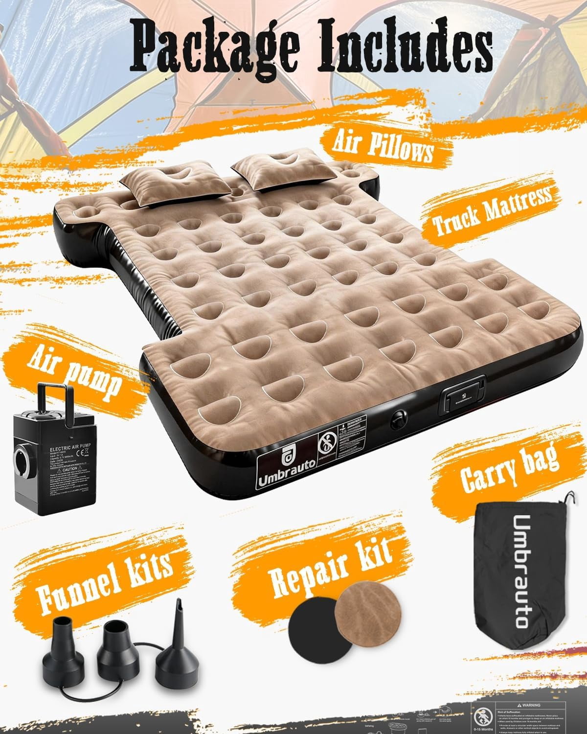 Umbrauto Truck Air Mattress for 6-6.5ft Full Size Truck Bed, Rechargeable Wireless Pump, Upgraded Peach Skin Fabric Top, Pickup Tent Airbed for Outdoor Travel(Black)
