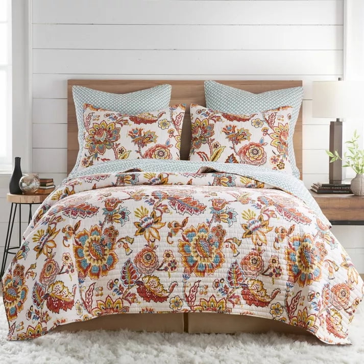 Levtex Home - Eden Quilt Set - King Quilt (106x92in.) + Two King Pillow  Shams (36x20in.) - Floral - Burnt Orange, Yellow Ochre, Green, Teal, and  White