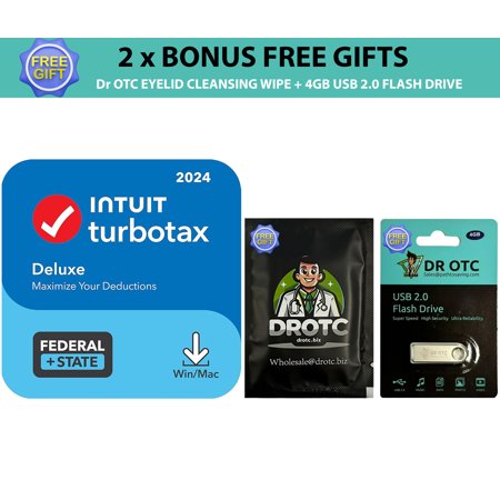 [New Version] TurboTax Deluxe 2024 Tax Software - Federal & State Tax Return [PC/MAC Download] - Brand New - BONUS FREE Dr OTC Eyelid Cleansing Wipe + FREE Dr OTC USB Drive 4GB
