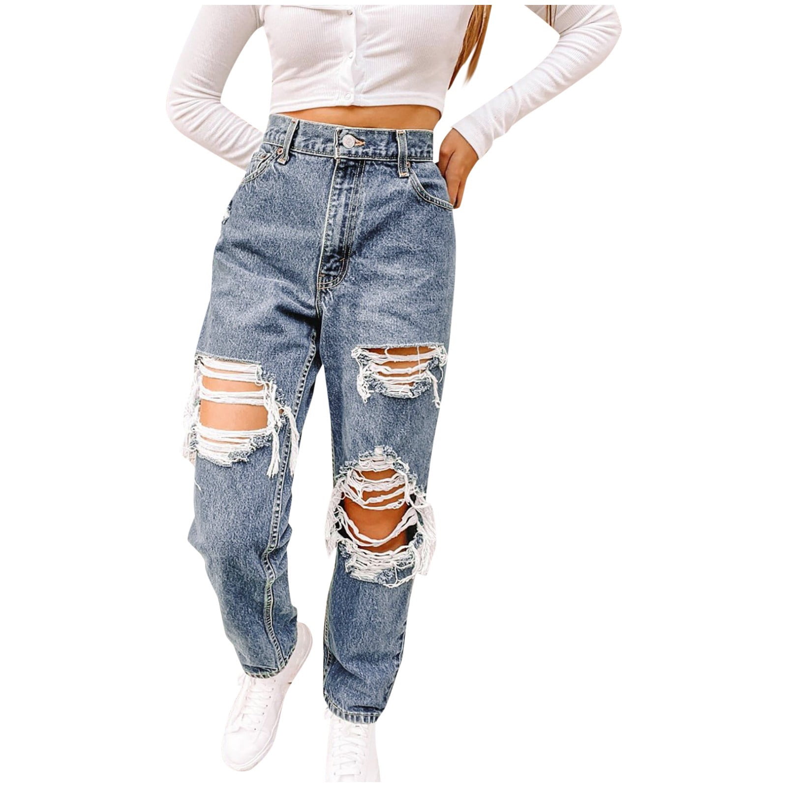 Heiheiup Dresses For Women 2024 Women High Waisted Baggy Ripped Jeans Fashion Large Denim Pocket Elastic Jeans