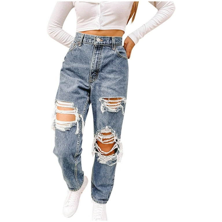Women High Waisted Baggy Ripped Jeans Fashion Large Denim Pocket Elastic  Jeans 