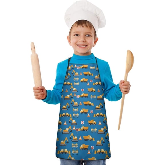 Cartoon Construction Vehicles Cones Kids Aprons for Girls and Boys,Adjustable Neck Strap Toddler Aprons for Kids Cooking Baking