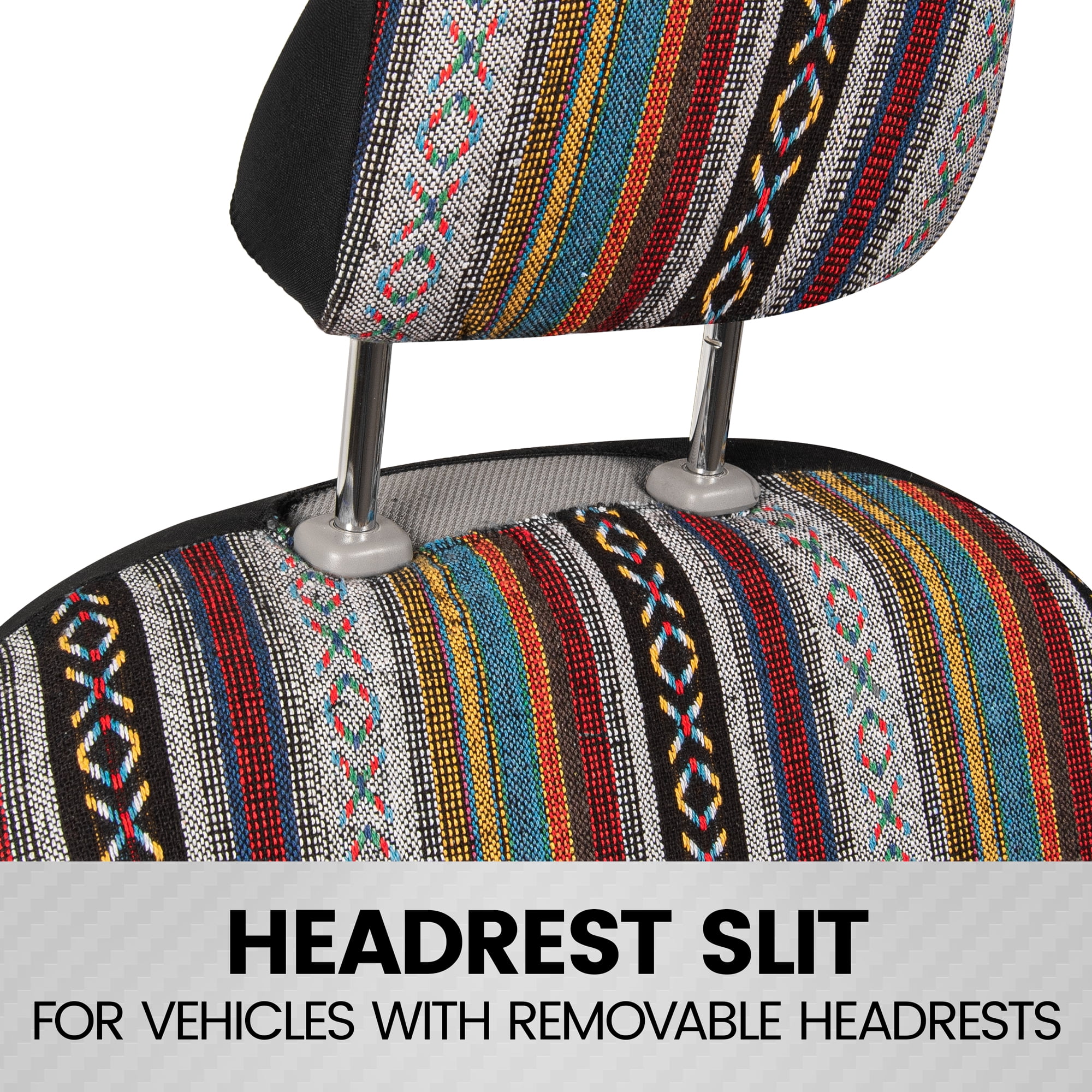 BDK Saddle Blanket Seat Covers for Cars Full Set - Striped Woven Mexican Blanket Seat Covers with Matching Headrest Covers, Multi-Color Baja Seat Covers For Truck Auto Van SUV