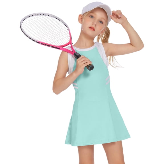 Light Green Girls Tennis Dress – Sleeveless Golf Athletic Outfit with Shorts