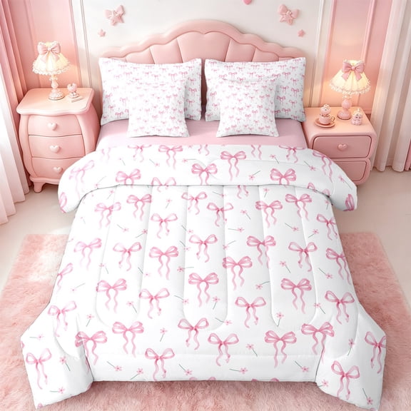 jejeloiu Kawaii Bow Twin Bedding Sets 7-Piece,Girls Bow Knot Bedding Comforter Set,Pink White Flower Sheet Sets For Child,Breathable Bedroom Decorative Reversible