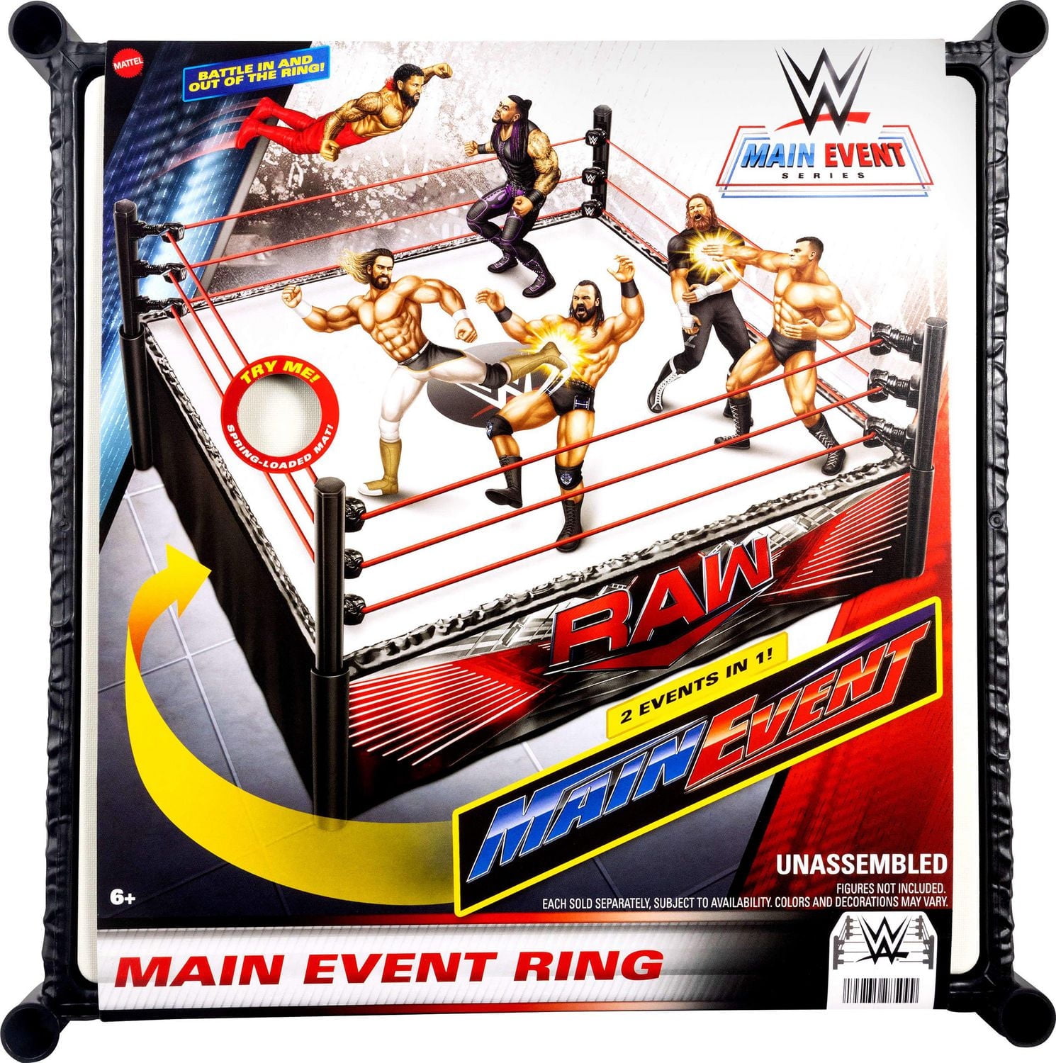 WWE Superstar Ring with Labels for Main Event & RAW, Spring-Loaded with Elastic Ring Ropes, Ages 6Y+