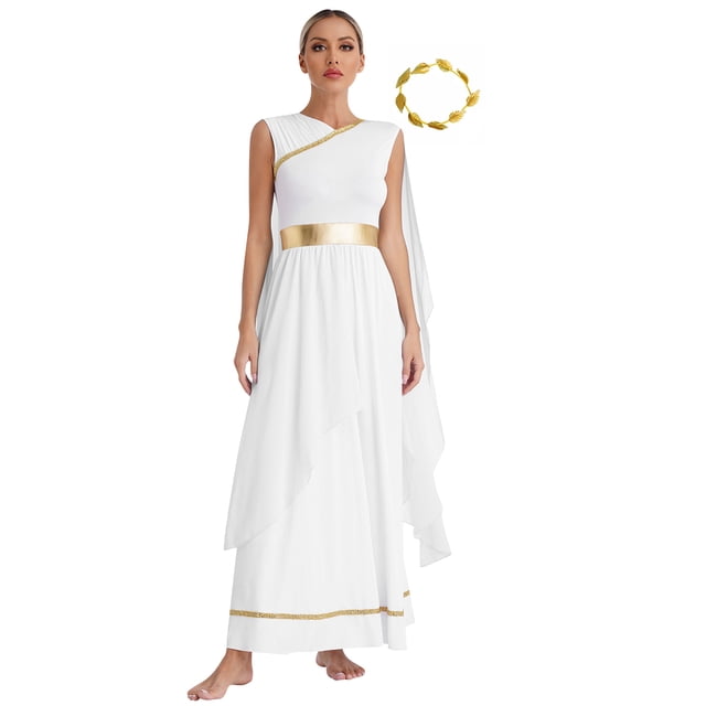 Xnihocha Costume Classique de Luxe pour Femmes Toga Robe Romaine Ancienne avec Ensemble de Couvre-Chefs Blanc S