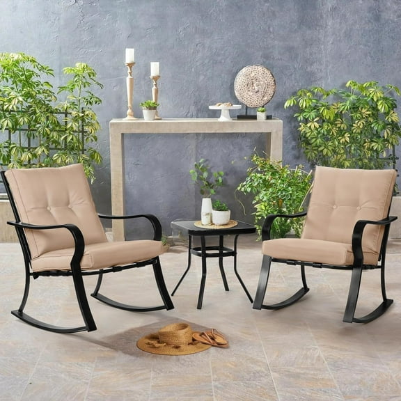 SUNCROWN 3-Piece Outdoor Patio Bistro Set Black Metal Rocking Chairs and Table with Brown Cushions