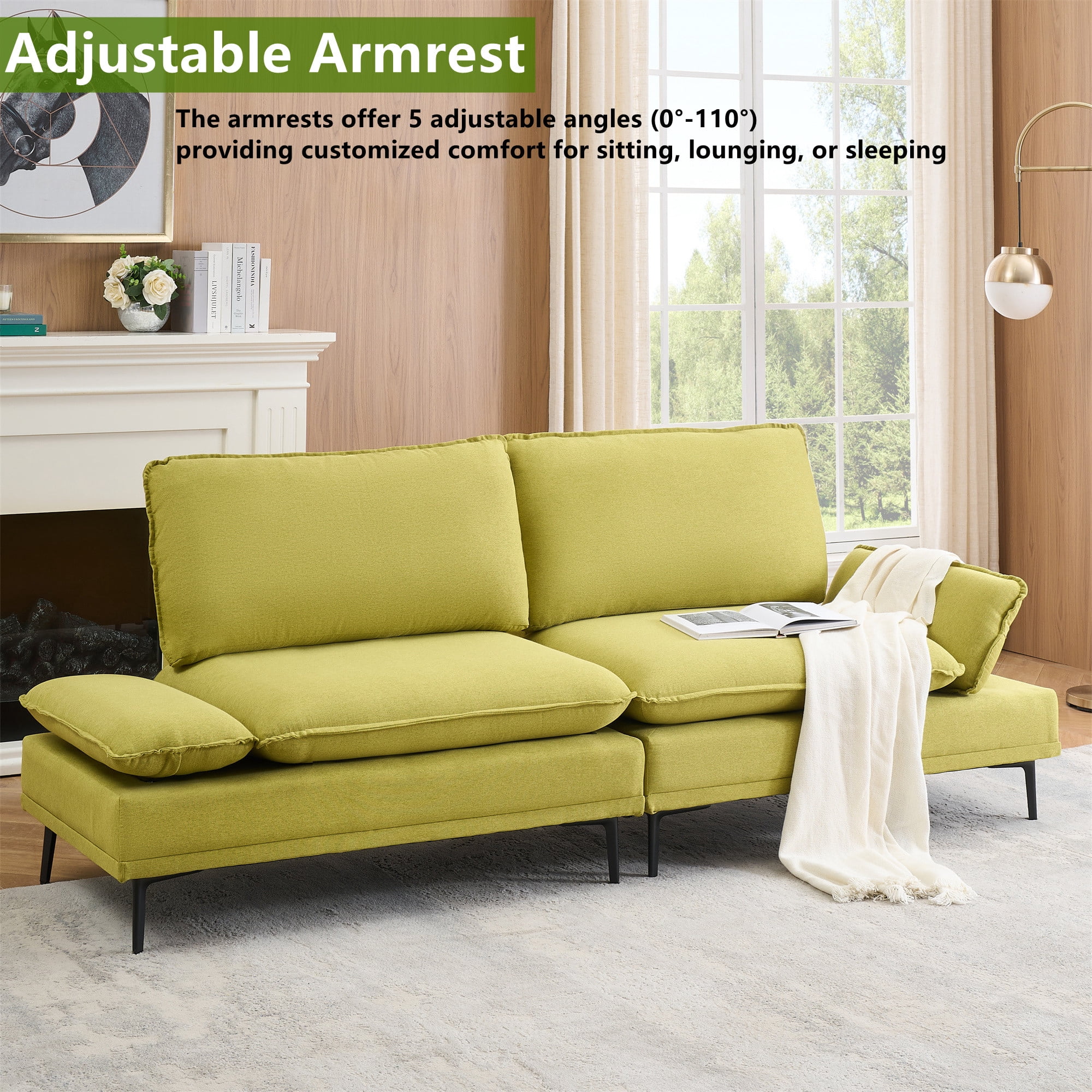 Aukfa 91" Modern Comfy Sofa Adjustable Armrest 3 Seat Deep Seat Couch for Living Room, Linen, Green
