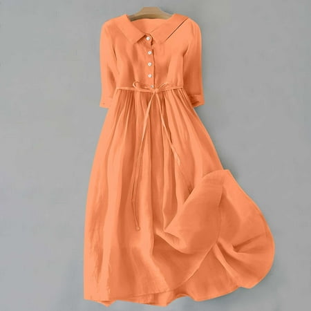 Summer Saving!Womens Cotton Floral Midi Dresses Cotton Linen Vintage Dresses for Women 2024 Babydoll Collar Button Lace-Up Dress 3/4sleeve A Line Sundress Casual Pleated Flowy Summer Beach Dress