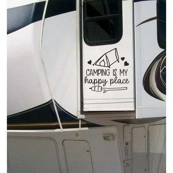 RV Wall Art Decal Decor Camping Happy Place Tent Camper Stickers Quote 18x18-Inch Glossy Black