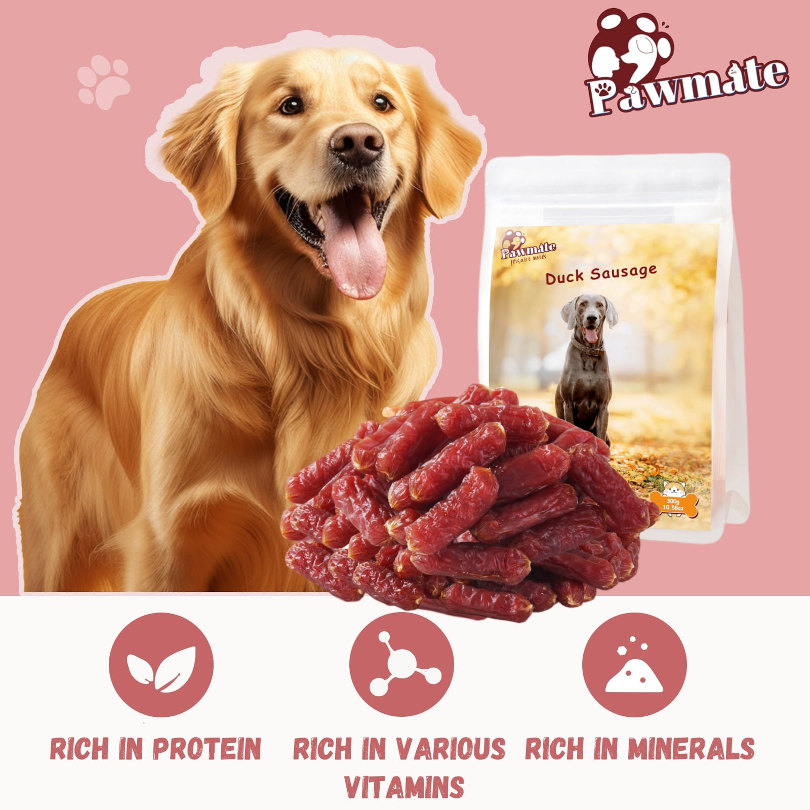 (3 pack) Pawmate Duck Sausage Dog Treats, Freshly Made with Real Duck for All Dogs, 11oz