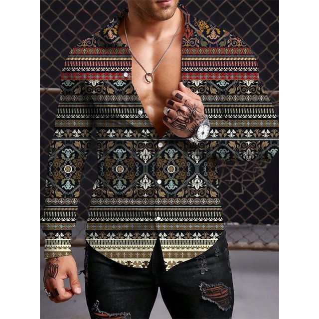 Camisa de estilo étnico de manga larga para hombre, camisa de otoño de gran tamaño con botón de solapa, camisa de manga larga para hombre, camisas casuales para exteriores